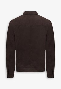 Brun suedetjakke med krave, lange ærmer og glat tekstur. Har et enkelt bagsidedesign uden lommer eller pynt.