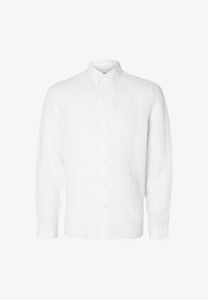 Camisa de manga longa branca feita de linho, com colarinho abotoado, botões frontais e um ajuste descontraído com punhos retos.