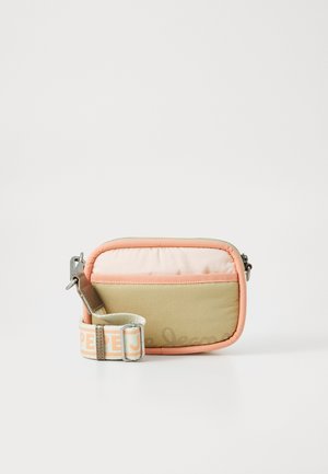 Borsa a tracolla rettangolare compatta nei toni beige e rosa, con esterno imbottito, chiusura con zip e tracolla regolabile con motivo.