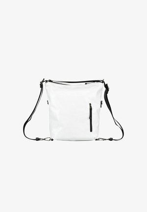 Sac bandoulière rectangulaire blanc avec sangle noire réglable et poche zippée verticale sur le devant.