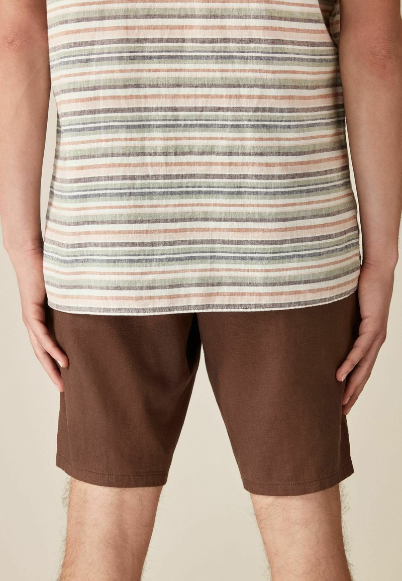 Personne portant un short marron et une chemise rayée, debout, les bras détendus le long du corps, vue de dos.