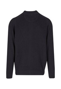 Dunkelblauer, gestrickter Pullover mit gerippter Textur, langen Ärmeln und rundem Ausschnitt. Die Rückansicht zeigt ein glattes, nahtloses Design.