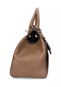 Borsa a tracolla in pelle marrone con forma strutturata, texture liscia e manici corti. Presenta un'essenza in hardware dorato e un'apertura superiore.