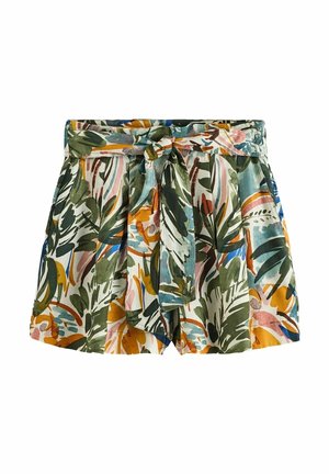 Højtaljede shorts med et abstrakt tropisk bladprint i grøn, orange, blå og pink, med et stofbælte bundet i en knude foran.