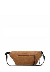 Borsa marrone con una texture morbida, di forma diagonale, dotata di una tracolla nera e una tasca con zip sulla parte anteriore, con una zip marrone a contrasto.