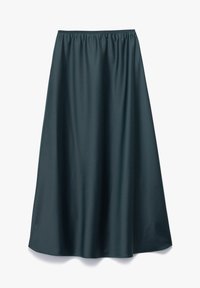 Jupe midi A-line en bleu canard, avec une taille élastique et un tissu lisse et fluide sur fond blanc uni.