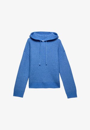 Sudadera con capucha azul de punto con textura acanalada, que cuenta con un cordón en el cuello y mangas largas ligeramente oversize. Diseño corto.