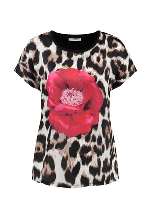 Camiseta de manga corta con estampado de leopardo y un gran gráfico de flor roja en la parte frontal. Cuello negro, tela suave. Corte fluido y relajado.