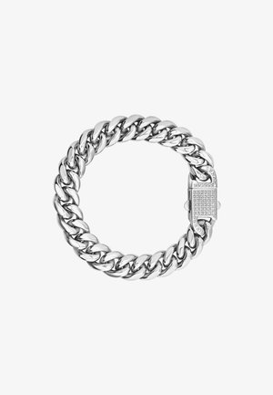 Srebrna gruba bransoletka łańcuchowa z gładkimi ogniwami i prostokątnym zapięciem z osadzonymi kamieniami dla ozdoby.