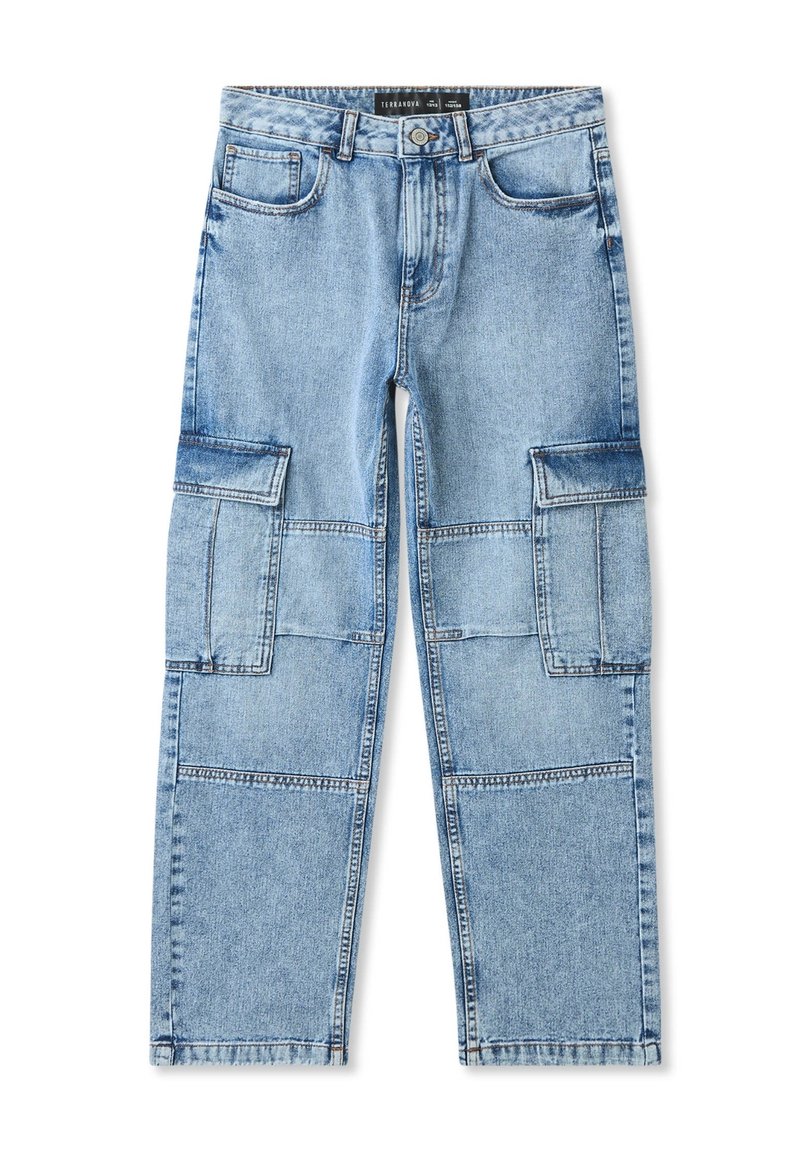 Pantaloni cargo in denim azzurro chiaro con numerose tasche grandi, taglio dritto, macchie sbiadite e dettagli di cucitura a contrasto.