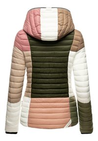 Jachetă puf color-blocked cu glugă. Prezintă secțiuni în roz, bej, verde și alb. Textură netedă, model matlasat și design mulat.