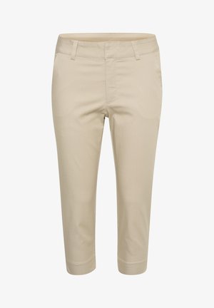 Beige katoenen gemengde cropped broek met een rechte pijp, voorzien van voorzakken en een gladde textuur.