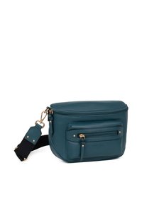 Borsa a tracolla in pelle teal con forma arrotondata, dettagli in metallo dorato e tasca con zip frontale. Comprende una tracolla regolabile.