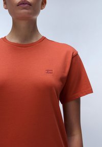 T-shirt color ruggine con collo giro, maniche corte e un piccolo dettaglio ricamato a forma di bandiera sul petto. Tessuto di cotone morbido.