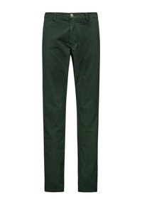 Donkergroene katoenen broek met een slim fit, voorzien van voorzakken, een knoopsluiting en een gladde structuur. Geen zichtbare patronen of accenten.