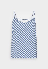 Camisole i V-ringning med tunna justerbara axelband och ett blått och vitt diagonalt randigt mönster på ett mjukt tyg.