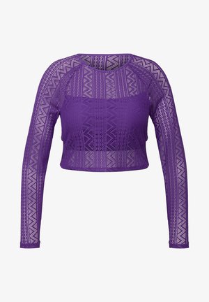 Lilla, langærmet cropped top lavet af blonder med geometriske udsparinger og rund halslinning. Har et struktureret, let design.