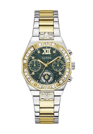 Montre Guess bicolore or et argent avec cadran noir moucheté, index heures en cristal, trois sous-cadrans et accents en cristal sur la lunette et le bracelet.