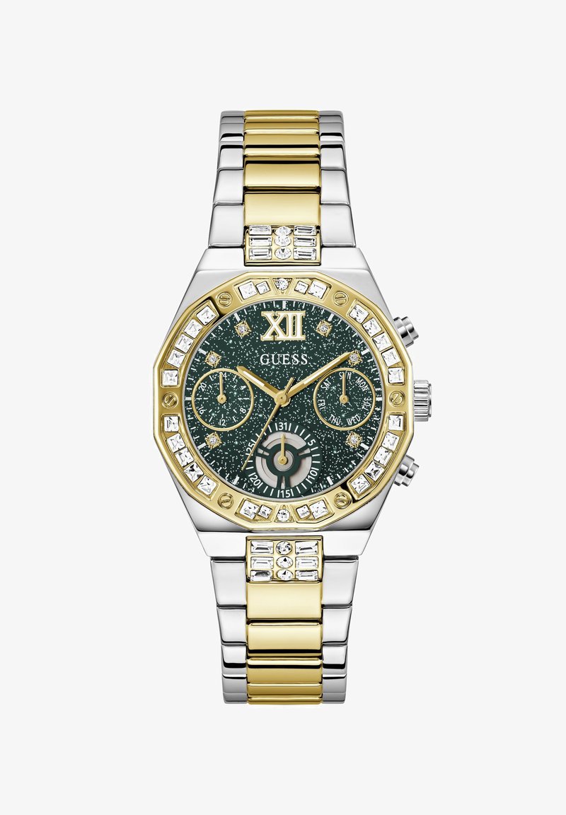 Montre Guess bicolore or et argent avec cadran noir moucheté, index heures en cristal, trois sous-cadrans et accents en cristal sur la lunette et le bracelet.