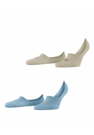Paires de chaussettes invisibles beige et bleu clair à coupe basse, avec un petit logo à motif sur le dessus, présentées sur un fond blanc.