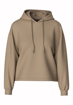 Beige huppari, jossa on rento istuvuus, kiristysnyörit ja ribbikaitaleet. Valmistettu pehmeästä materiaalista, jossa on sileä pinta.