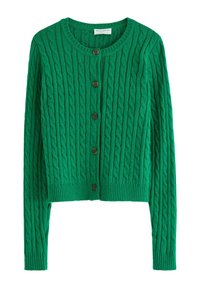 Green cable knit cardigan with round neck and five dark buttons down the front, long sleeves, and ribbed cuffs and hem.
