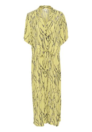 Żółta sukienka z czarnym abstrakcyjnym wzorem, krótkie rękawy, zapięcie na guziki z przodu, ściągany pas i długość do kolan. Lekka tkanina.