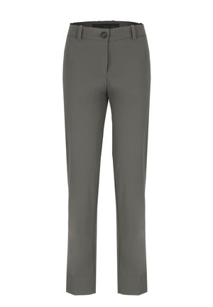 Pantaloni grigi slim-fit realizzati in tessuto liscio, con chiusura anteriore a bottone, passanti per cintura e un design su misura con gambe dritte.