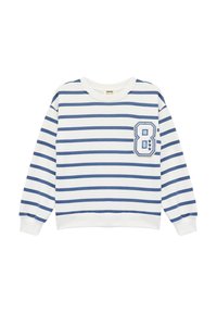 Biała bluza z niebieskimi poziomymi paskami, okrągły dekolt, ściągacze przy mankietach oraz kieszeń na przodzie z numerem 8 w kolorze niebieskim.