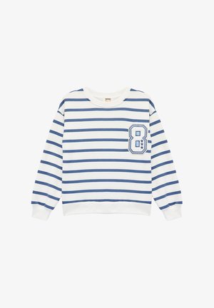 Valkoinen huppari, jossa on tummansinisiä vaakasuoria raitoja, pyöreä kaulus, resorihihat ja etupuolella tasku, jossa on sininen numero 8.