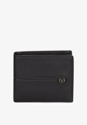 Black leather wallet with a textured finish, featuring a logo accent and a simple fold design. Compact and practical.