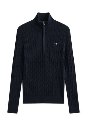 Maglione blu navy con motivo a trecce, maniche lunghe, mezza cerniera, collo alto e piccolo logo ricamato sul petto sinistro.
