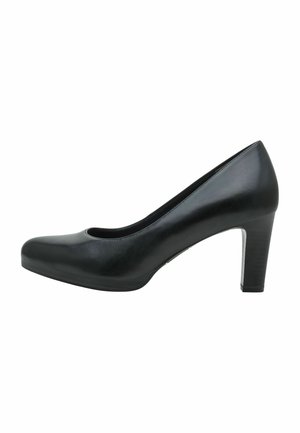 Black leather women’s high-heeled closed-toe shoe with a rounded front and a solid block heel.
