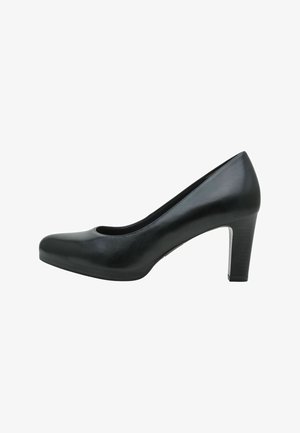 Black leather women’s high-heeled closed-toe shoe with a rounded front and a solid block heel.