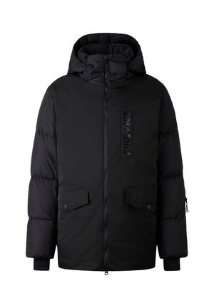 Schwarze Steppjacke mit Kapuze, zwei Fronttaschen, Reißverschluss vorne und einem glänzenden Patch mit "FIRE + ICE" Branding auf der Brust.