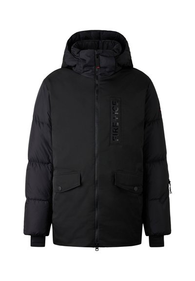Black puffer jacket with a hood, two front pockets, front zipper, and a glossy patch with "FIRE + ICE" branding on the chest.