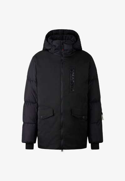 Black puffer jacket with a hood, two front pockets, front zipper, and a glossy patch with "FIRE + ICE" branding on the chest.