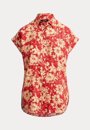 Red short-sleeve button-up shirt with a floral pattern in cream. Features a classic collar and curved hem, made of lightweight fabric.