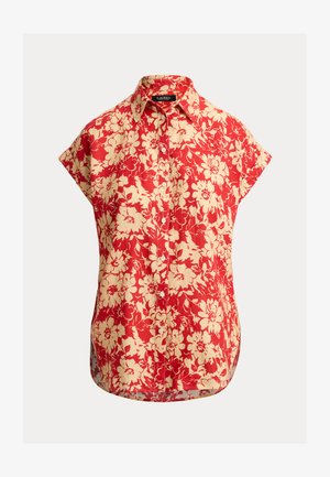 Crvena košulja kratkih rukava s gumbima i cvjetnim uzorkom u krem boji. Ima klasični ovratnik i zaobljen rub, izrađena je od laganog materijala.