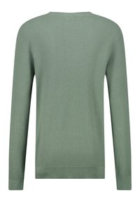 Green knitted sweater featuring a textured pattern, long sleeves, and a rounded neckline. Simple design with ribbed cuffs and hem.