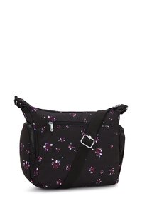 Borsa a spalla nera con un motivo floreale in viola e bianco. Presenta una tasca con zip e un tessuto resistente con una tracolla regolabile.