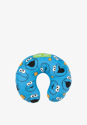 Blue U-shaped neck pillow featuring Cookie Monster faces and cookie accents, with a plush texture and rounded edges. SESAME STREET branding included.