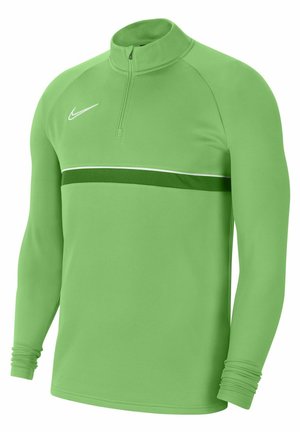 Sudadera deportiva verde de manga larga con cremallera hasta la mitad, franja horizontal verde oscuro en el pecho y logo blanco de Nike en el lado derecho.