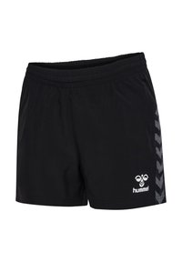 Zwarte sportshorts met elastische tailleband, grijs chevronpatroon aan de zijkanten en wit Hummel-logo op het voorbeen rechts.