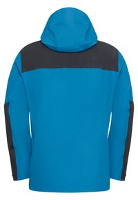 Veste imperméable bleue avec capuche, présentant des accents noirs sur les épaules et les manches. Texture lisse, coupe régulière et design fonctionnel.