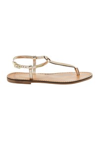 Metallic gold flat sandals with T-strap design, adjustable ankle buckle, and a simple leather sole. Smooth texture with minimal stitching details.