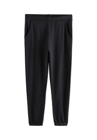 Pantaloni neri a sigaretta con una texture a coste, dotati di due tasche laterali e di una cintura elastica per il massimo comfort.