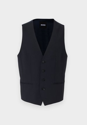 Marine vest med V-hals design, med seks knapper og to sidelommer, laget av et glatt, lett stoff.