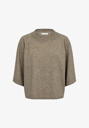 Maglione beige a maniche corte realizzato in morbido tessuto a maglia. Presenta un collo alto e due bottoni decorativi argentati sul retro.