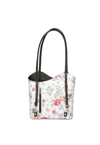 Geantă de umăr cu imprimeu floral, având un exterior synthetic alb cu flori colorate, accente din piele neagră și două mânere pentru umăr.